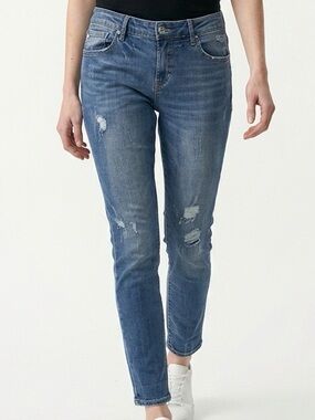 Dear John Madison Girlfriend Jeans Distressed Medium Wash Blue Stretch Size 31